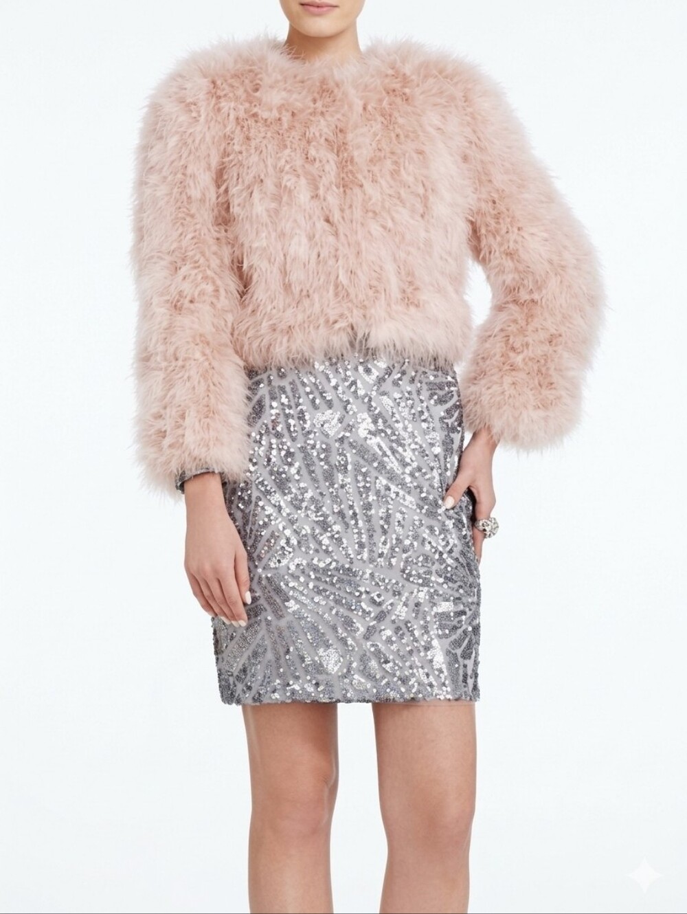 BCBGMaxizaria Margaret Petal Pink Turkey Feather Cropped Jacket Small